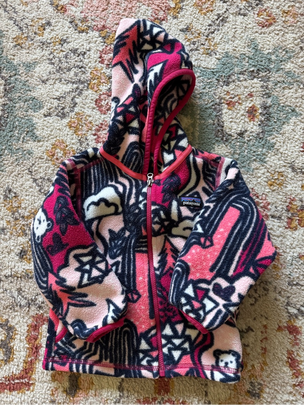 Patagonia Pink & Black Patterned Kids Hooded Fleece Jacket